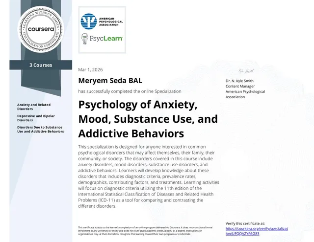 American Psychological Association anksiyete, duygudurum ve madde kullanımı specialization sertifikası