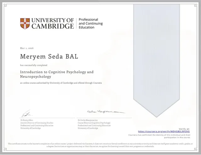University of Cambridge bilişsel psikoloji ve nöropsikoloji sertifikası